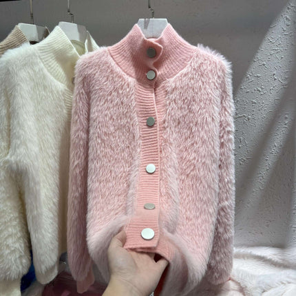 Women Fashion Casual All Match Cardigan in pink with fluffy texture and button closure, perfect for stylish layering.
