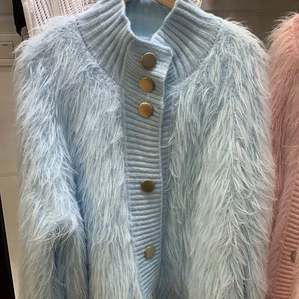 Women Fashion Casual All Match Cardigan in light blue with button closure and fluffy texture.