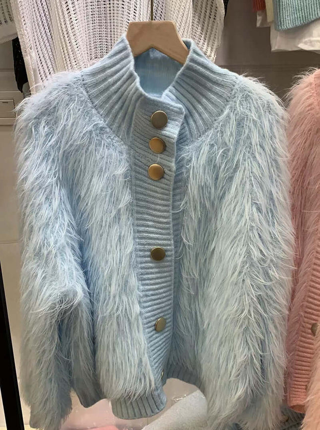 Women Fashion Casual All Match Cardigan in light blue with button closure and fluffy texture.