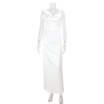 Women Fashion French Style Sleeveless V-Neck Dress displayed on a mannequin, featuring a sleek white design.