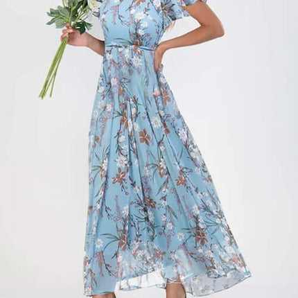 Women Floral Short Sleeve V Neck Beach Maxi Dress in blue with floral design, perfect for beach outings and summer events.