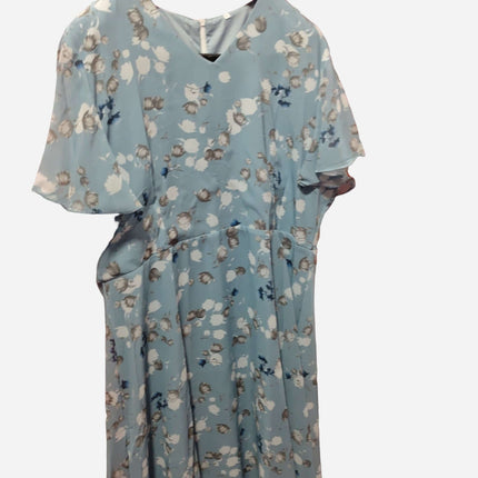 Women Floral Short Sleeve V Neck Beach Maxi Dress displayed on a hanger with a light blue floral pattern.