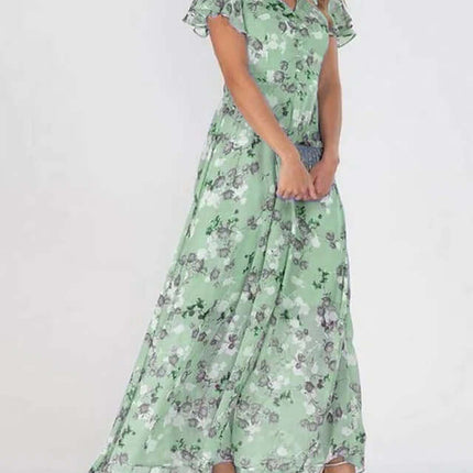 Women Floral Short Sleeve V Neck Beach Maxi Dress in green with floral design, perfect for summer outings and beach wear.