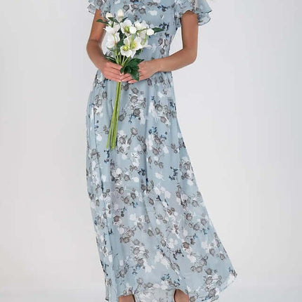 Women Floral Short Sleeve V Neck Beach Maxi Dress worn by a model holding flowers in a light blue color.