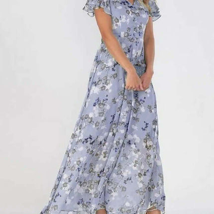Women Floral Short Sleeve V Neck Beach Maxi Dress in light blue with floral pattern and flowy design.