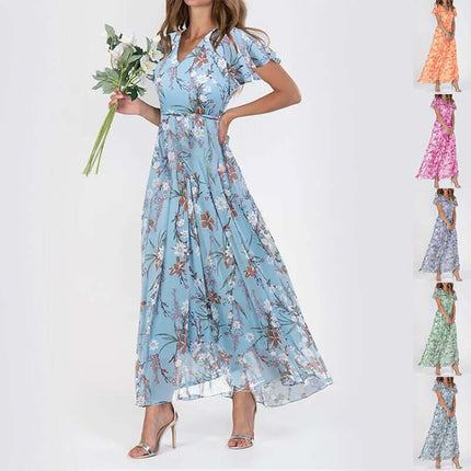 Women Floral Short Sleeve V Neck Beach Maxi Dress in light blue floral design with elegant flowy silhouette.