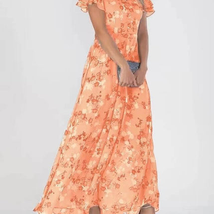 Women Floral Short Sleeve V Neck Beach Maxi Dress in orange floral print with flared sleeves and long flowy skirt