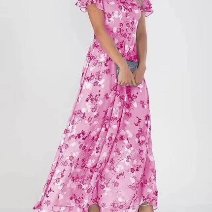 Women Floral Short Sleeve V Neck Beach Maxi Dress in pink with floral patterns, designed for summer outings and beach events.
