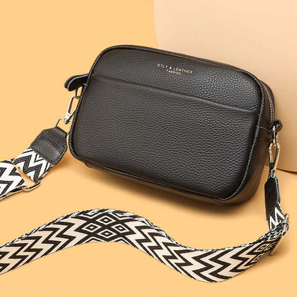 Women Genuine Leather Crossbody Bag Rhombus Strap embroidered wide strap.