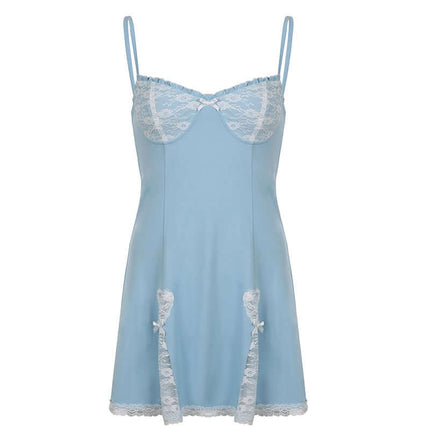 Women Lace Patchwork Suspender Dress Slim Fit Mini flattering deep U shaped collarline tailored neck detail