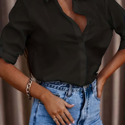 Women Lapel Long Sleeve Button-up Shirt size M 96cm bust.