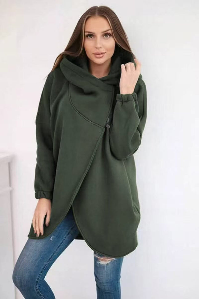 Women Plus Size Solid Color Coat Hooded Outerwear blue long sleeve detail