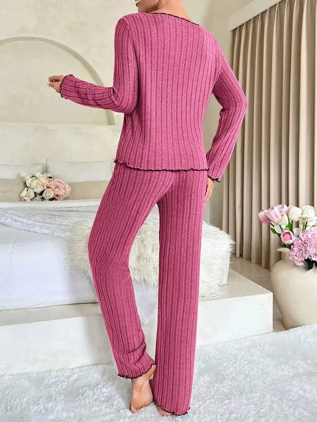 Women Ribbed Pajama Set Autumn Winter 2 Piece top detail