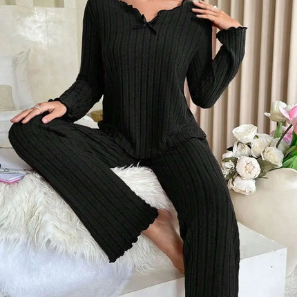 Women Ribbed Pajama Set Autumn Winter 2 Piece ribbed texture close up