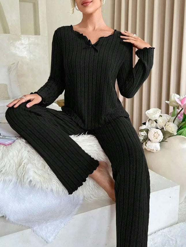 Women Ribbed Pajama Set Autumn Winter 2 Piece ribbed texture close up