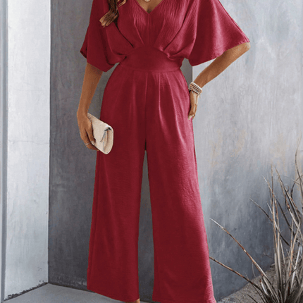 Women Short Sleeved Wide Leg Jumpsuit V Neck Leisure solid color summer style