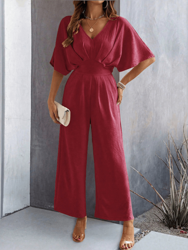 Women Short Sleeved Wide Leg Jumpsuit V Neck Leisure solid color summer style