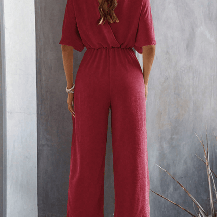 Women Short Sleeved Wide Leg Jumpsuit V Neck Leisure casual commute style jumpsuit