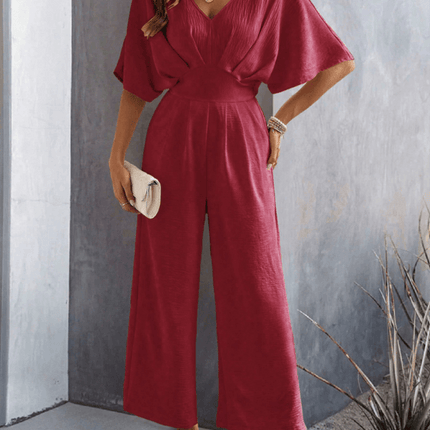 Women Short Sleeved Wide Leg Jumpsuit V Neck Leisure lightweight 422g garment