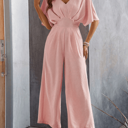 Women Short Sleeved Wide Leg Jumpsuit V Neck Leisure solid black color variant