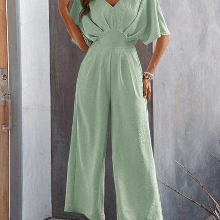 Women Short Sleeved Wide Leg Jumpsuit V Neck Leisure high waist defined silhouette