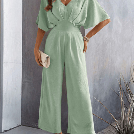 Women Short Sleeved Wide Leg Jumpsuit V Neck Leisure stylish holiday travel apparel