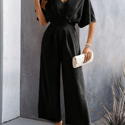 Women Short Sleeved Wide Leg Jumpsuit V Neck Leisure premium tailoring and finish