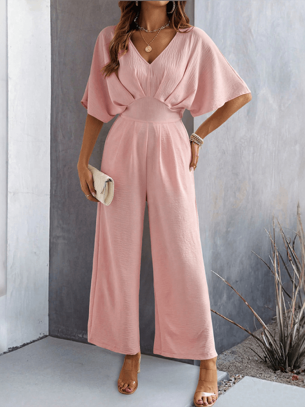 Women Short Sleeved Wide Leg Jumpsuit V Neck Leisure wide leg trouser detail