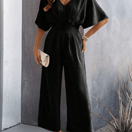 Women Short Sleeved Wide Leg Jumpsuit V Neck Leisure in black, featuring a stylish design for casual summer wear.