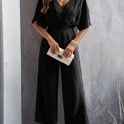 Women Short Sleeved Wide Leg Jumpsuit V Neck Leisure elegant V neck collar