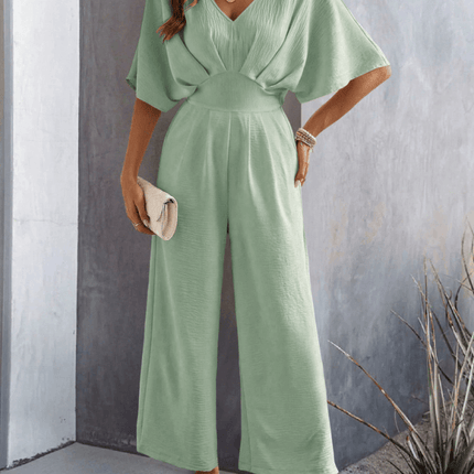 Women Short Sleeved Wide Leg Jumpsuit V Neck Leisure woven polyester fabric texture
