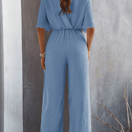 Women Short Sleeved Wide Leg Jumpsuit V Neck Leisure temperament fashion look