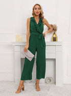 Women Sleeveless V Neck Ruffle Lace Pleated Jumpsuit front view solid color