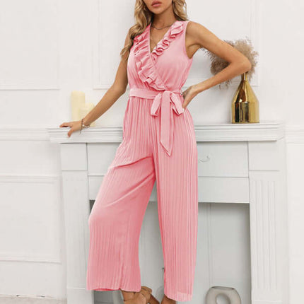 Women Sleeveless V Neck Ruffle Lace Pleated Jumpsuit moderate garment weight 518g