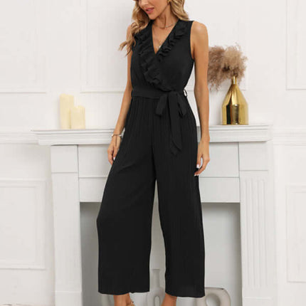 Women Sleeveless V Neck Ruffle Lace Pleated Jumpsuit full length jumpsuit silhouette