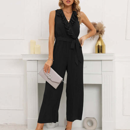 Women Sleeveless V Neck Ruffle Lace Pleated Jumpsuit technical tailoring and finish