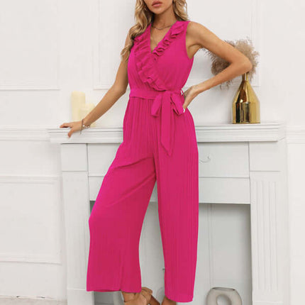 Women Sleeveless V Neck Ruffle Lace Pleated Jumpsuit pleated waistband construction
