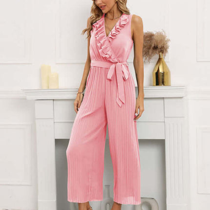 Women Sleeveless V Neck Ruffle Lace Pleated Jumpsuit V neck ruffle detail