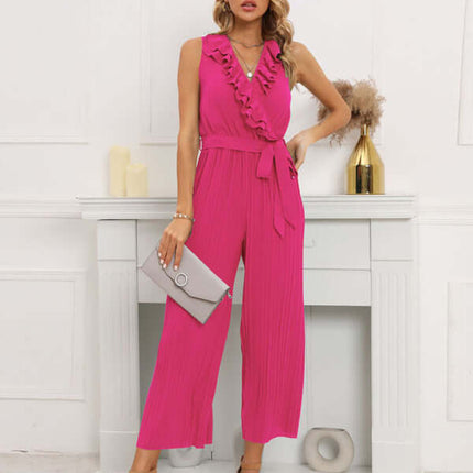 Women Sleeveless V Neck Ruffle Lace Pleated Jumpsuit lace trim decoration zoom