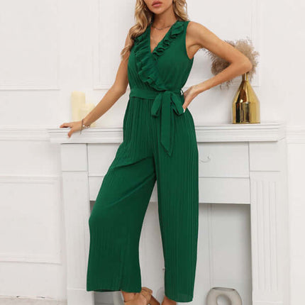 Women Sleeveless V Neck Ruffle Lace Pleated Jumpsuit pleated trouser leg design