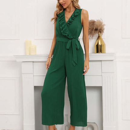 Women Sleeveless V Neck Ruffle Lace Pleated Jumpsuit spring and summer apparel