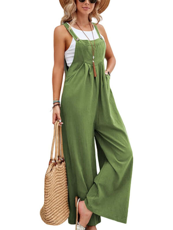 Women solid color casual bib trousers full length