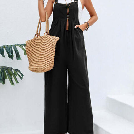 Women solid color casual bib trousers lightweight woven fabric