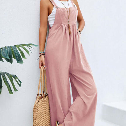 Women solid color casual bib trousers cotton blend fabric