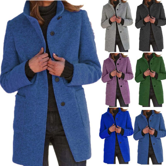 Women Stand Collar Woolen Coat Fall Winter Outwear slim fit design 4XL.