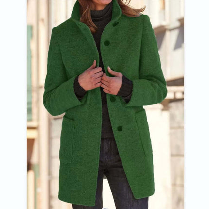 Women Stand Collar Woolen Coat Fall Winter Outwear size S 81cm length.