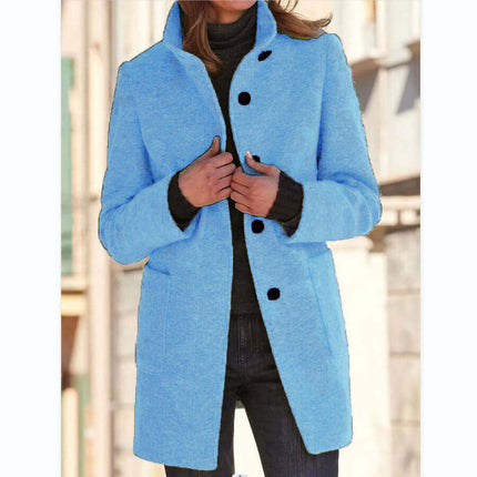 Women Stand Collar Woolen Coat Fall Winter Outwear size L 61cm sleeve.