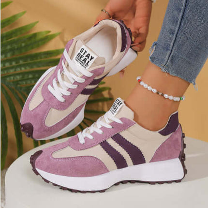 Women Stripe Lace-up Thick Bottom Casual Sneakers green breathable sports shoes.