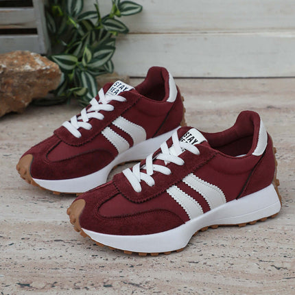 Women Stripe Lace-up Thick Bottom Casual Sneakers yellow wear-resistant sole.