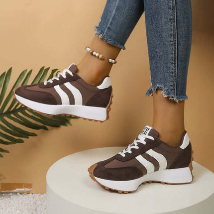 Women Stripe Lace-up Thick Bottom Casual Sneakers black microfiber lining.